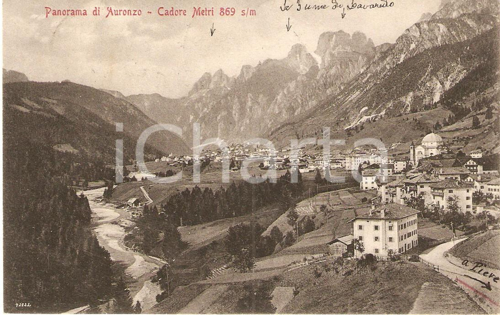 Cartolina originale da collezione 1913 AURONZO DI CADORE BL Panorama con Tre Cime di LAVAREDO Cartolina FP VG 1