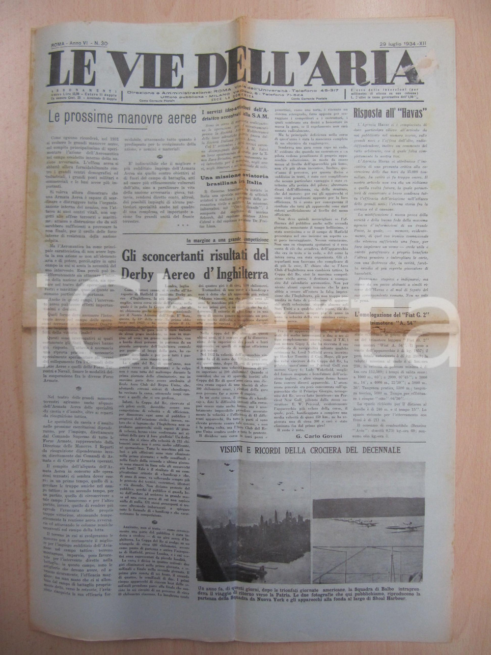 Giornale, rivista storica 1934 LE VIE DELL ARIA Coppa del Re di HATFIELD é un flop clamoroso Giornale 1