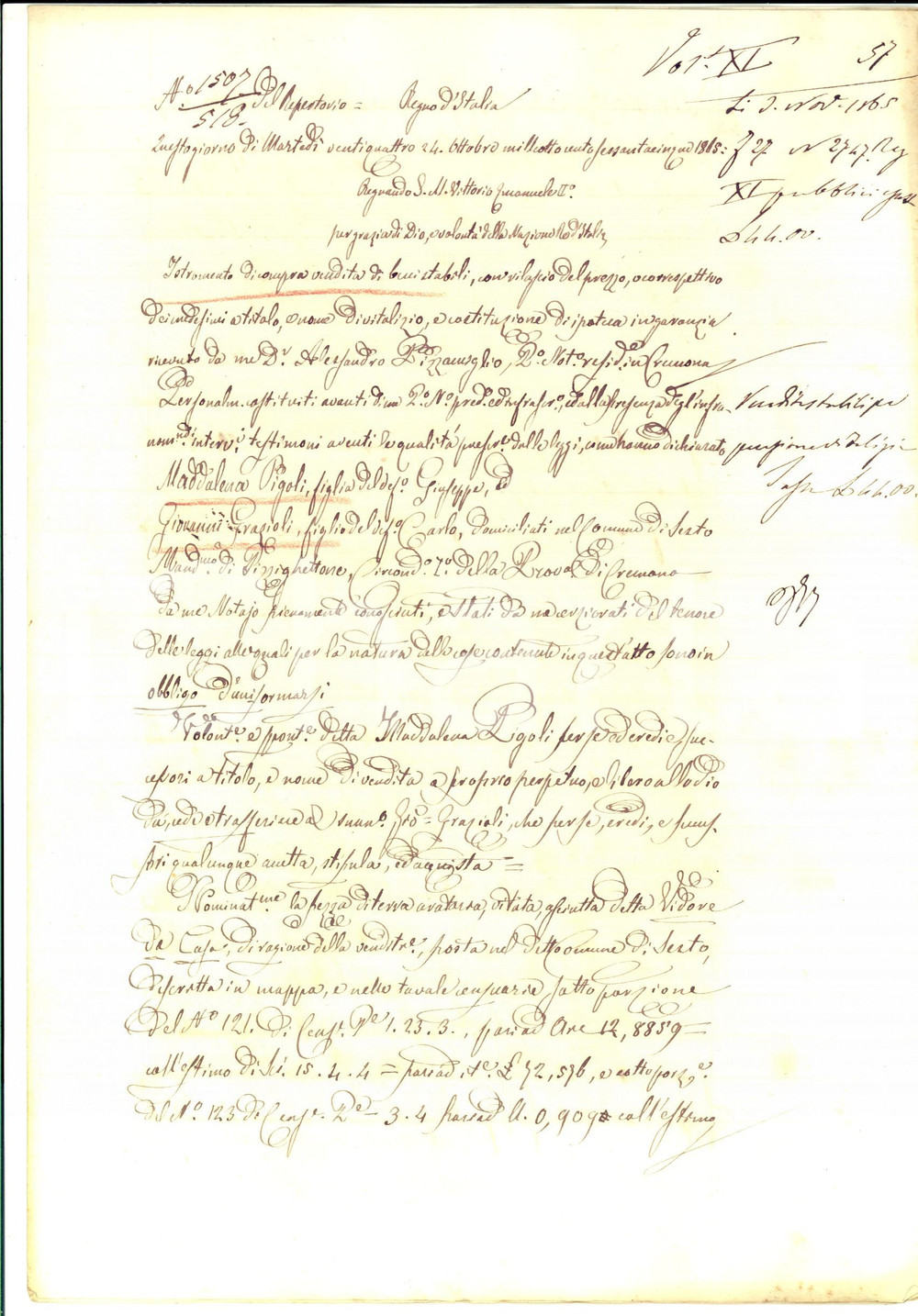 Documento originale, autentico 1865 SESTO ED UNITI CR Maddalena PIGOLI vende terra a Giovanni GRAZIOLI 1