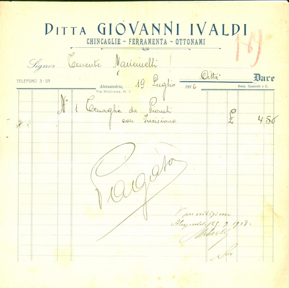 Documento originale, autentico 1916 ALESSANDRIA Ditta Giovanni IVALDI Chincaglie ottonami Fattura 1