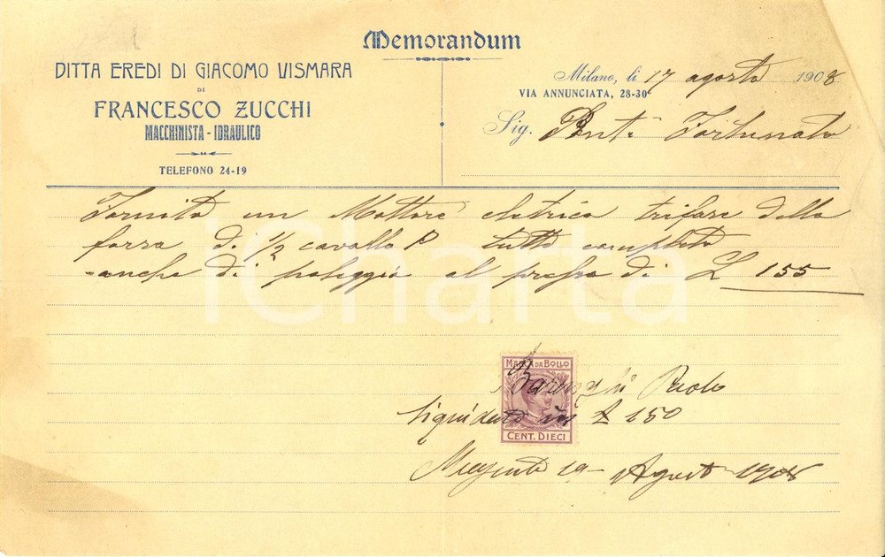 Documento originale, autentico 1908 MILANO Via ANNUNCIATA Ditta eredi Giacomo VISMARA macchinista Memorandum 1
