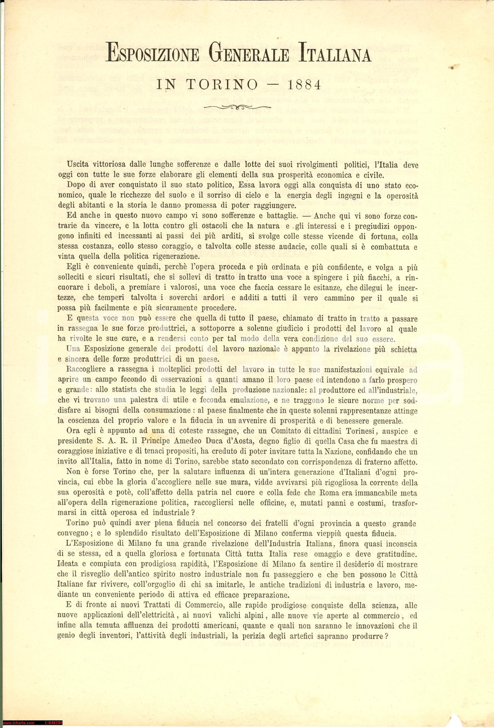 Documento originale, autentico 1884 TORINO Esposizione Generale Italiana Duca d Aosta 1