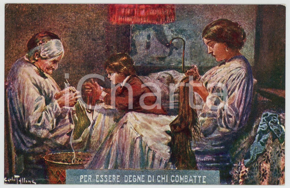 1915 WW1 Carlo TALLONE - Per essere degne di chi combatte *Cartolina Opera LANA Cartolina postale d'epoca, non viaggiata.Didascalia al verso "Pro-Lana per i soldati - Opera Impiegate - Milano".CONDIZIONI: GFORMATO: 14x9 cm    originale e autentica 1