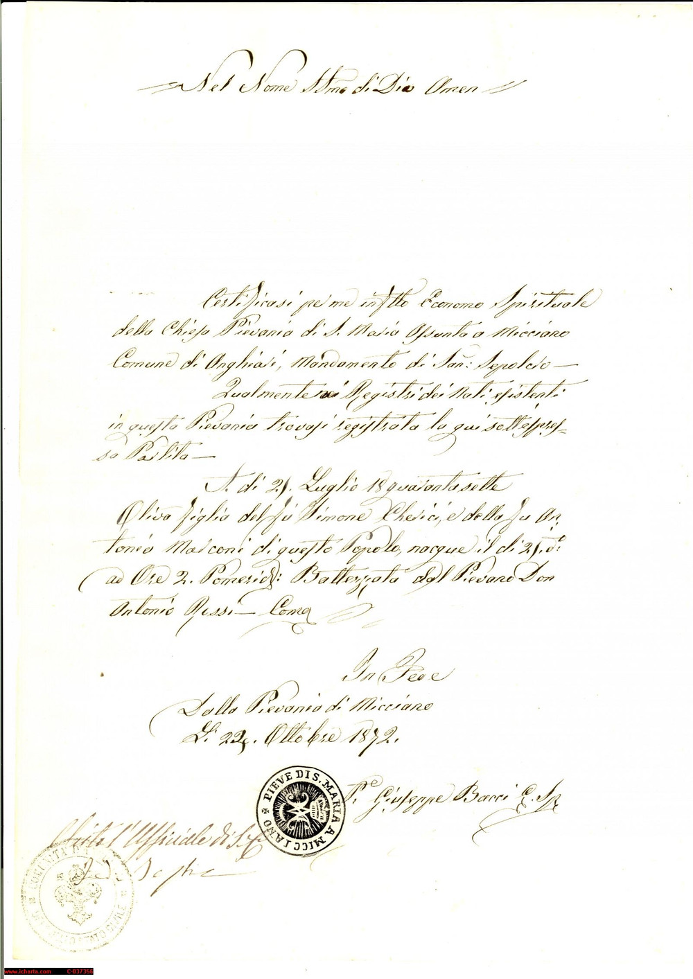 Documento originale, autentico 1872 S. MARIA A MICCIANO (AR) Battesimo Oliva CHERICI 1