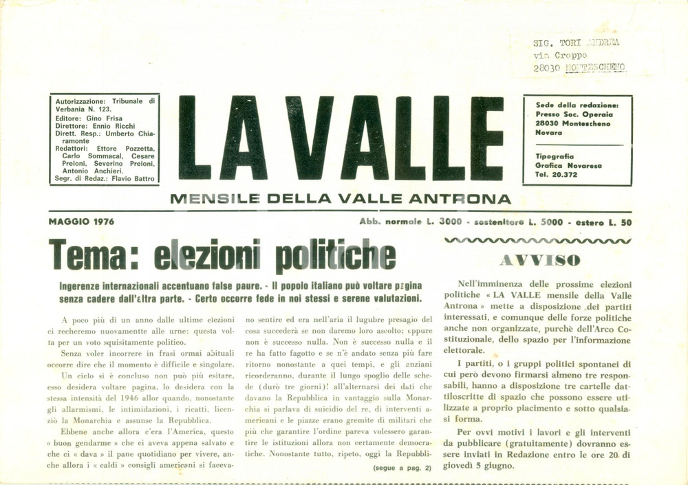 Giornale, rivista storica 1976 Mensile LA VALLE ANTRONA Rifiuti sparsi in Val D OSSOLA Giornale 1