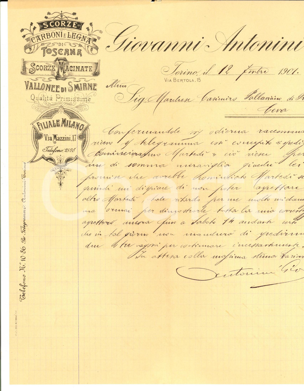 Manoscritto, lettera originale 1901 TORINO Giovanni ANTONINI Scorze macinate, carboni e legna *Lettera 1