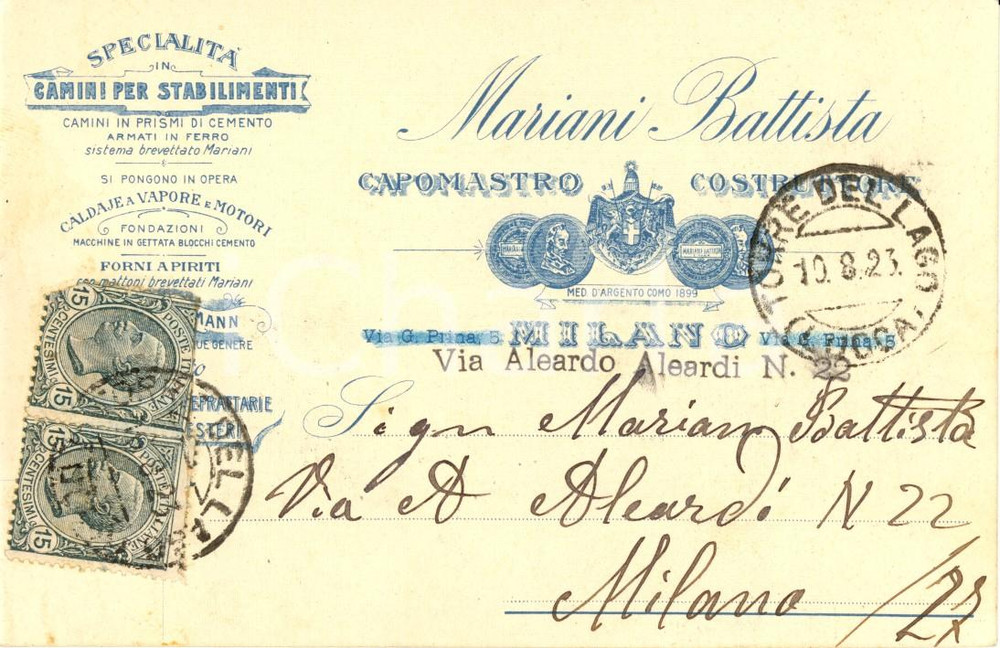 Cartolina originale da collezione 1923 MILANO Capomastro MARIANI Battista costruzioni camini INTESTATA FP VG 1