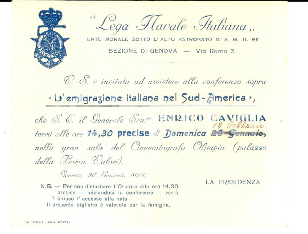 Oggetto da collezione cartaceo 1923 GENOVA LEGA NAVALE Invito conferenza sen. Enrico CAVIGLIA su emigrazione 1