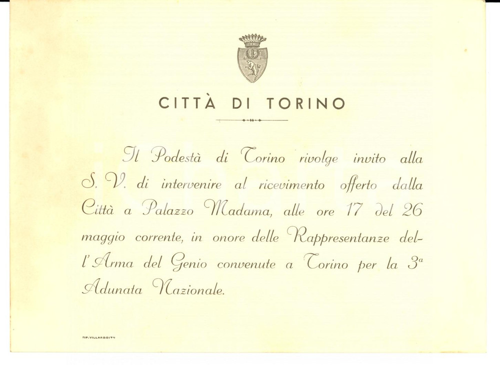 Documento originale, autentico 1933 TORINO Ricevimento 3 Adunata Nazionale ARMA DEL GENIO Invito 1