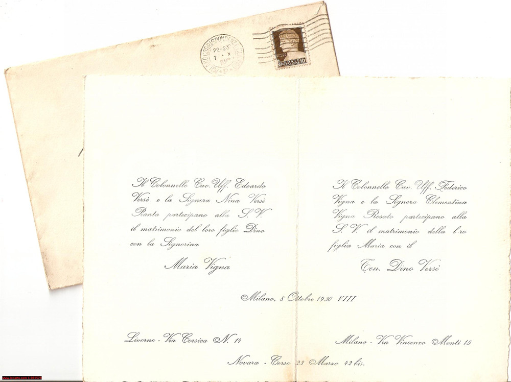 Oggetto da collezione cartaceo 1930 MILANO Matrimonio Dino VERSE  con Maria VIGNA Invito 1
