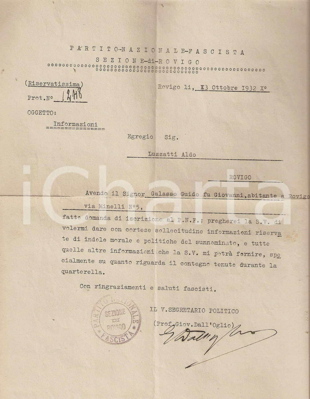 Documento originale, autentico 1932 PNF ROVIGO riservatissima DELITTO MATTEOTTI 1