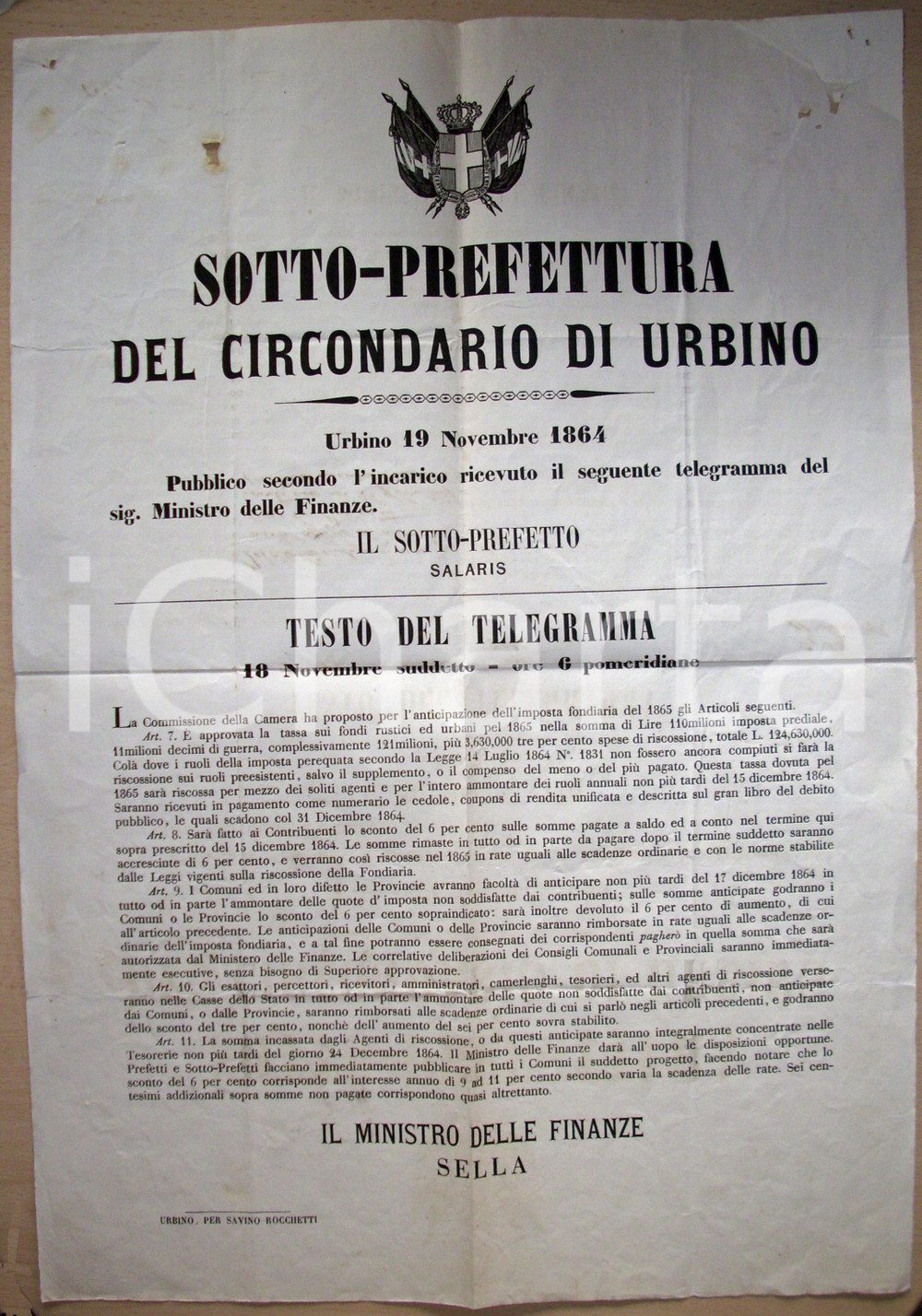 Documento originale, autentico 1864 URBINO Telegramma pubblico fondi rustici e urbani 1