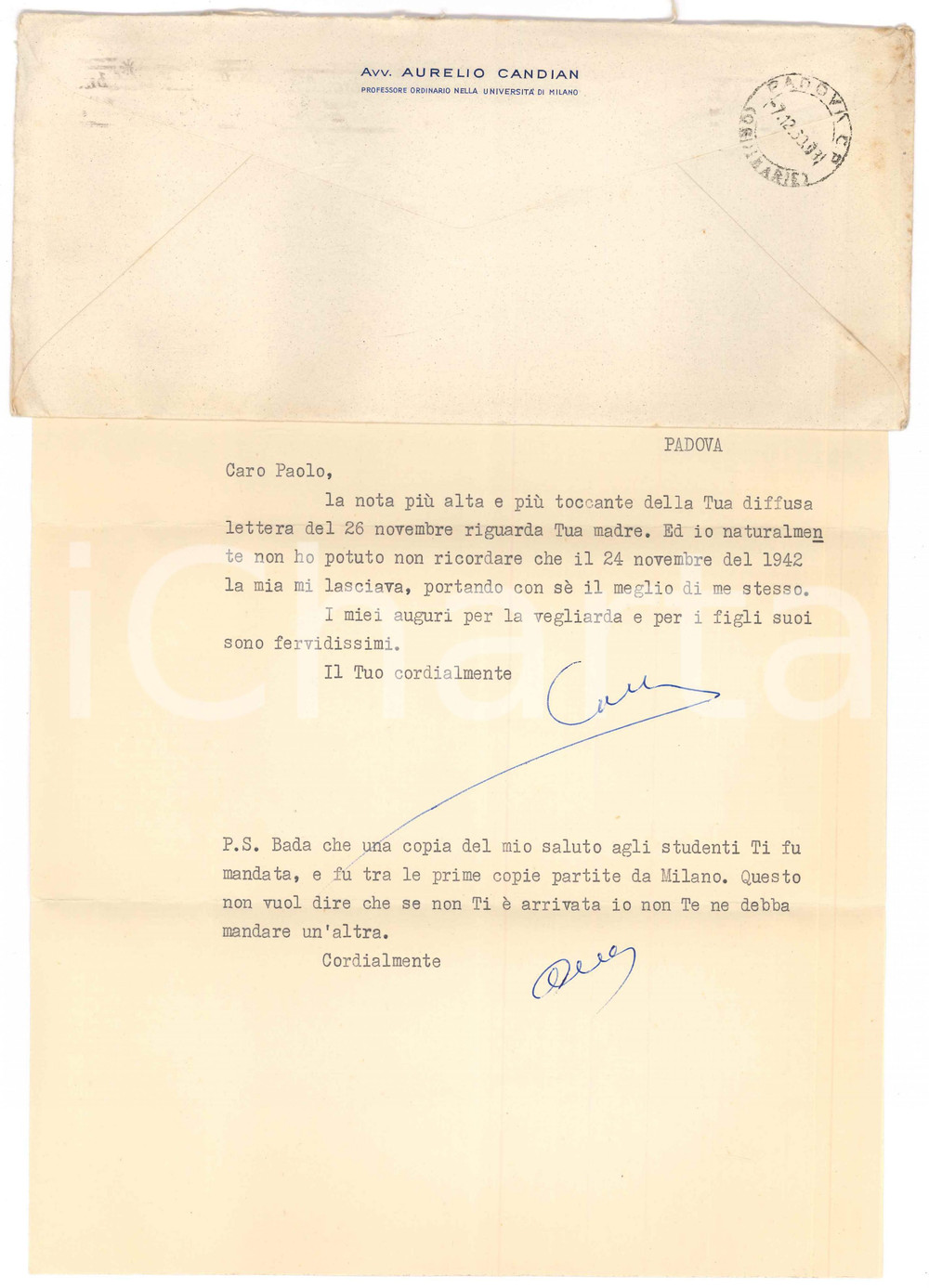 Autografo originale 1960 MILANO Lettera Aurelio CANDIAN a un collega  Autografo 1