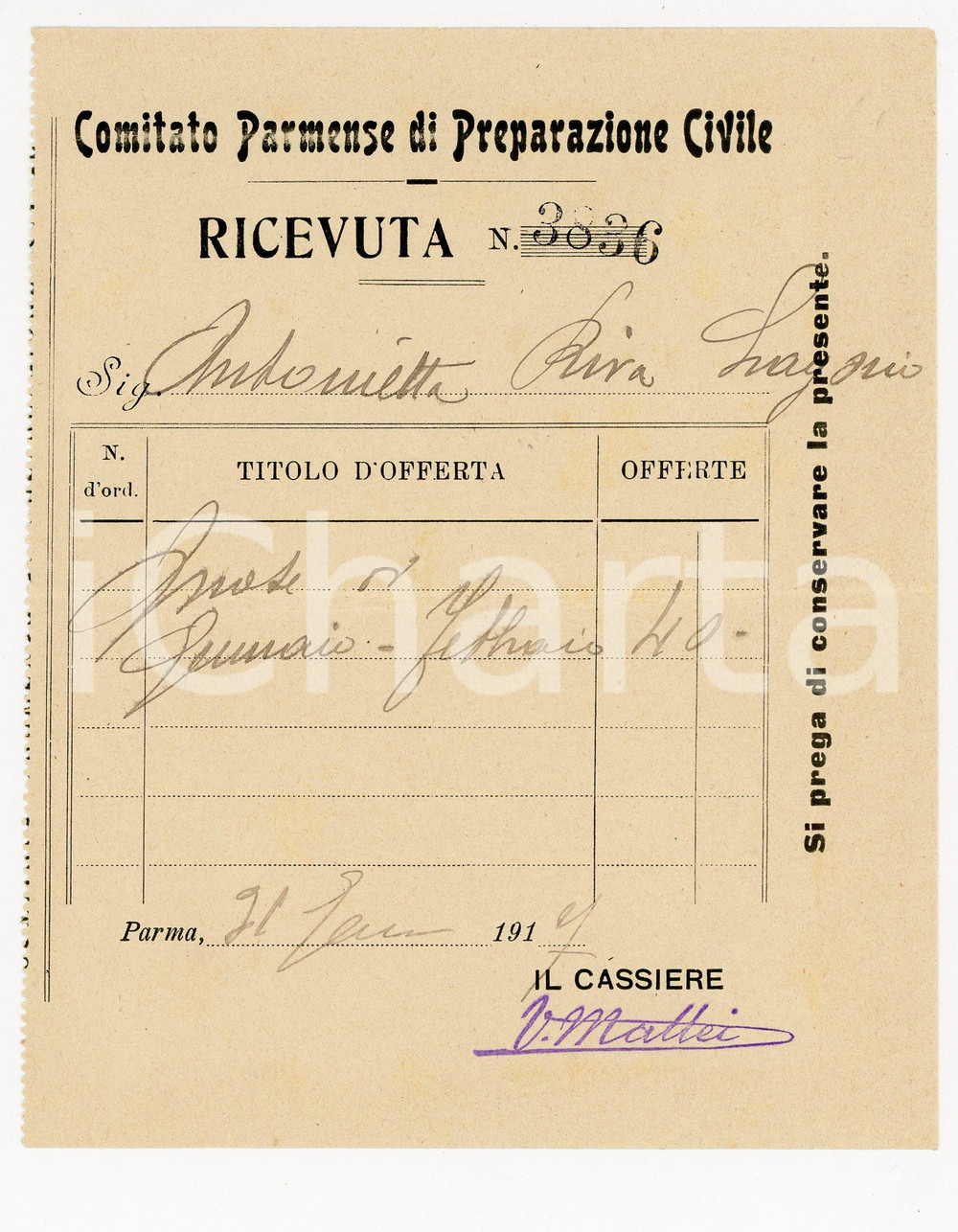 Documento originale, autentico 1917 Parma COMITATO PARMENSE PROTEZIONE CIVILE ricevuta 1