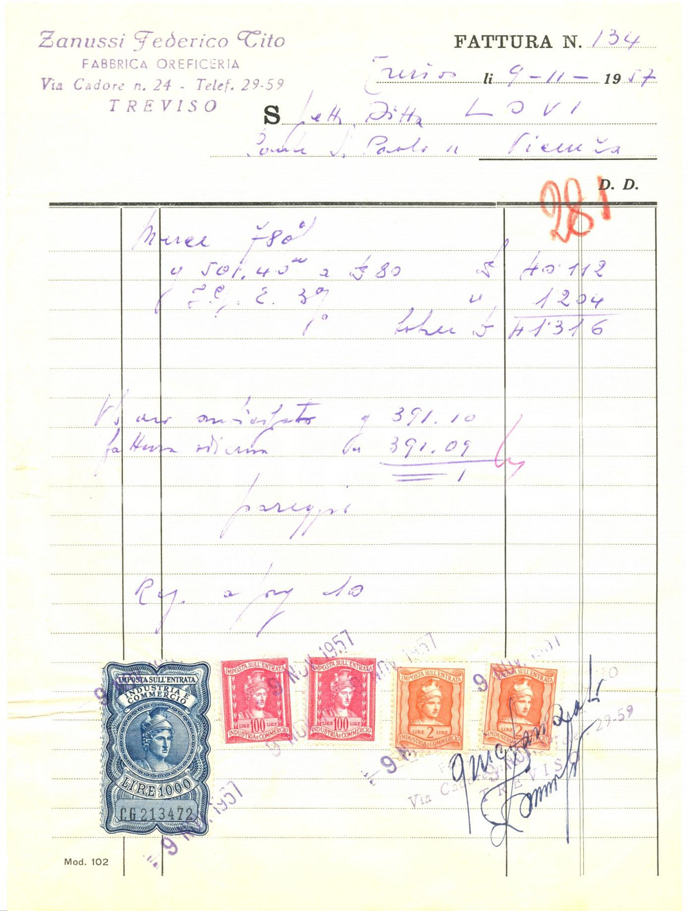 Documento originale, autentico 1957 TREVISO Federico Tito ZANUSSI fabbrica oreficeria Fattura commerciale 1