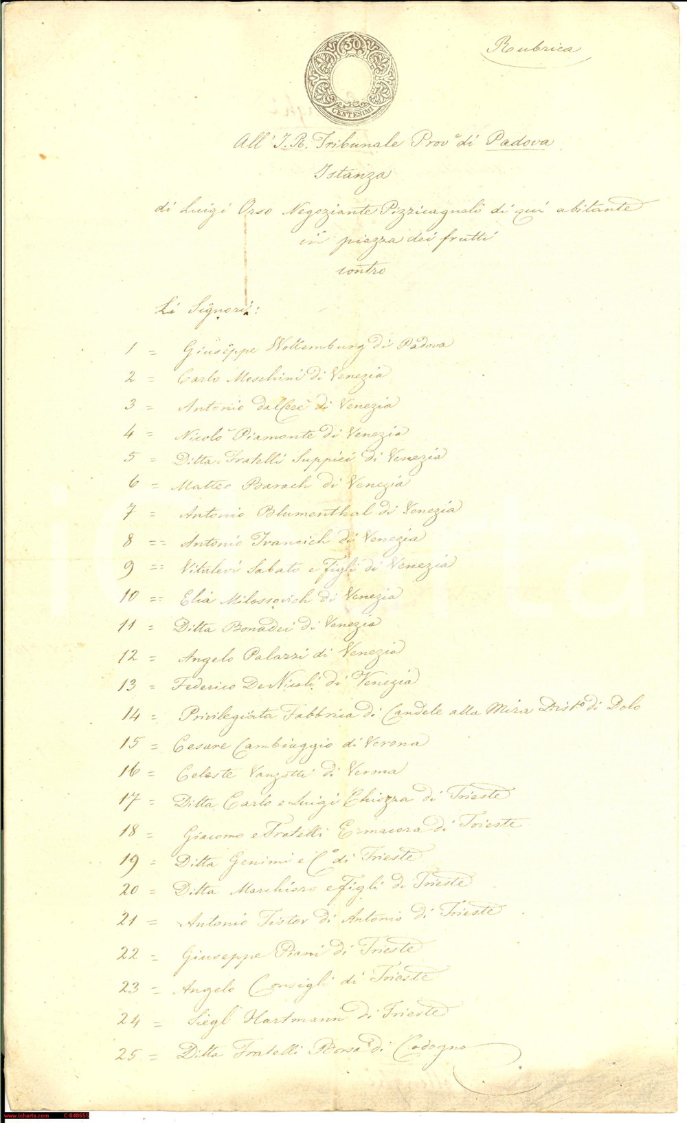 Documento originale, autentico 1851 PADOVA Luigi ORSO pizzicagnolo contro i creditori 1
