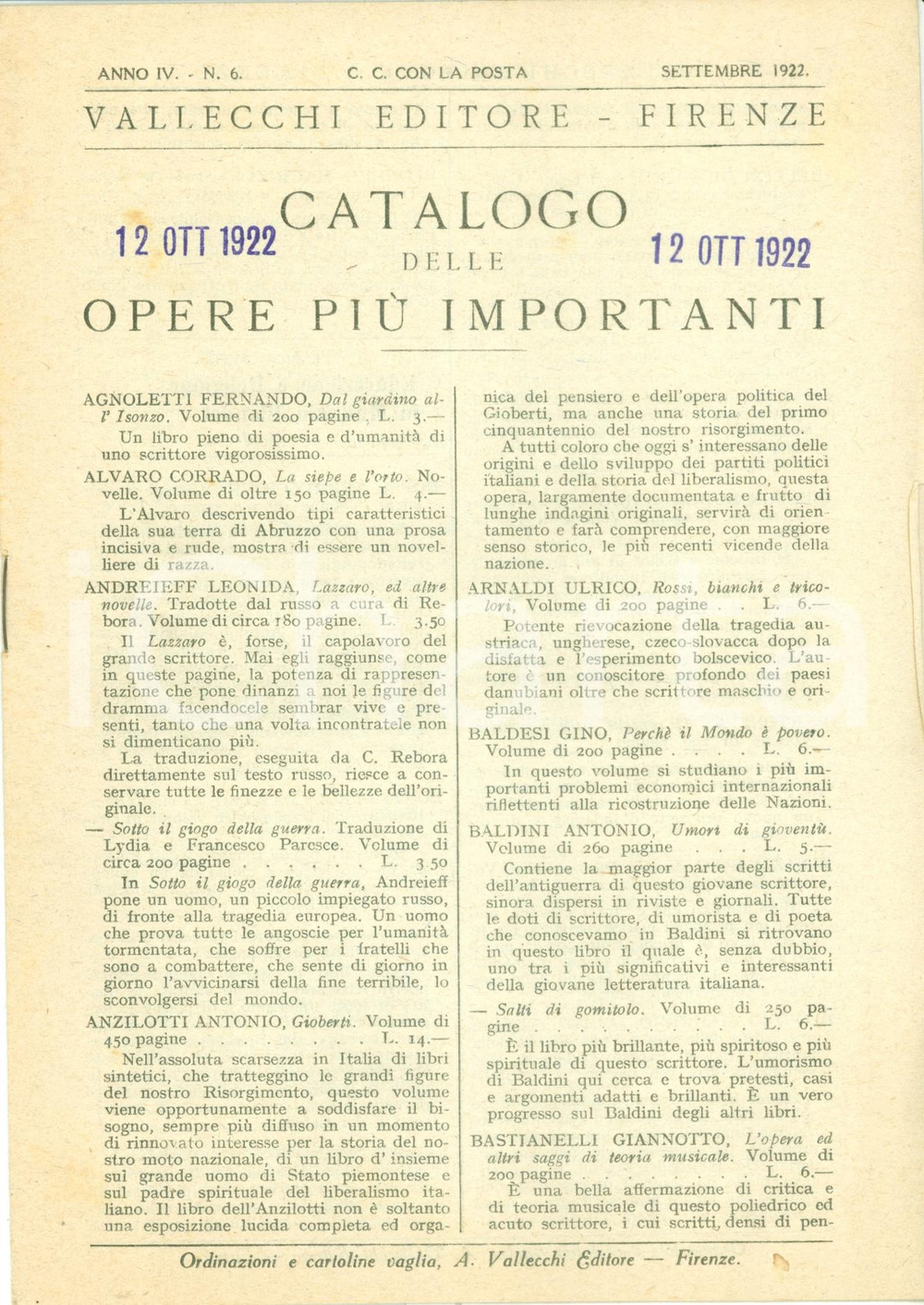 Libro, pubblicazione d epoca 1922 FIRENZE Catalogo VALLECCHI EDITORE opere piÃ¹ importanti 1