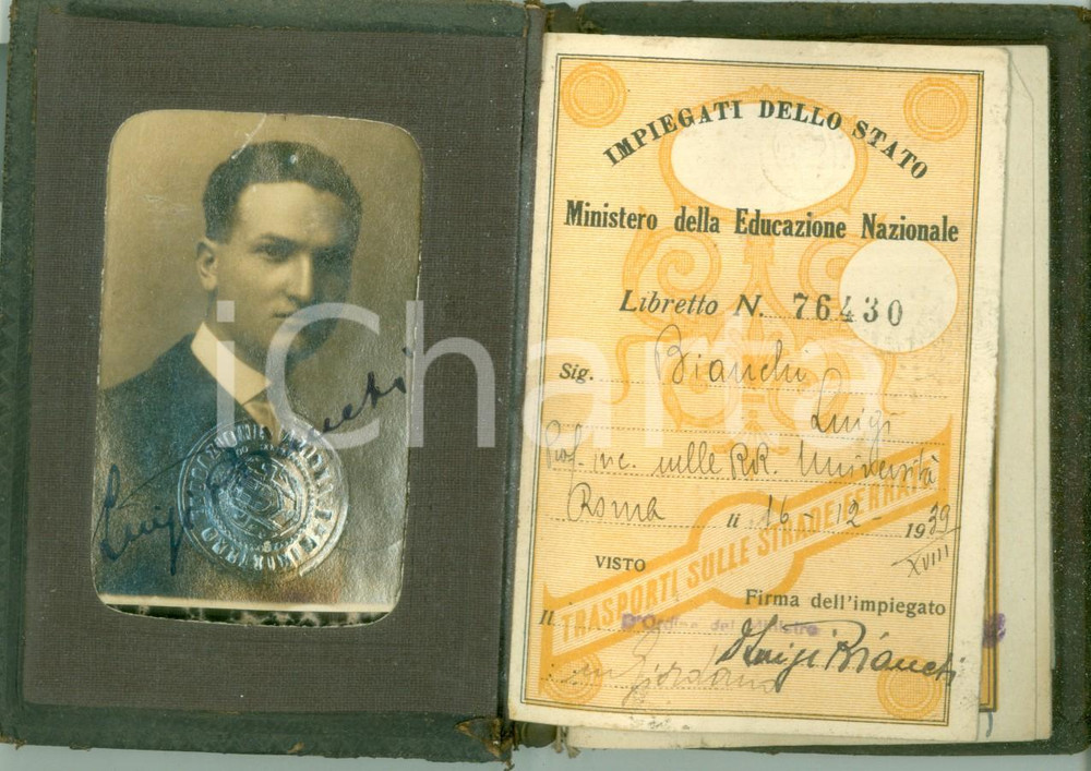 Documento originale, autentico 1939 ROMA Luigi BIANCHI Professore R. UniversitÃ  Libretto riduzioni ferroviarie 1
