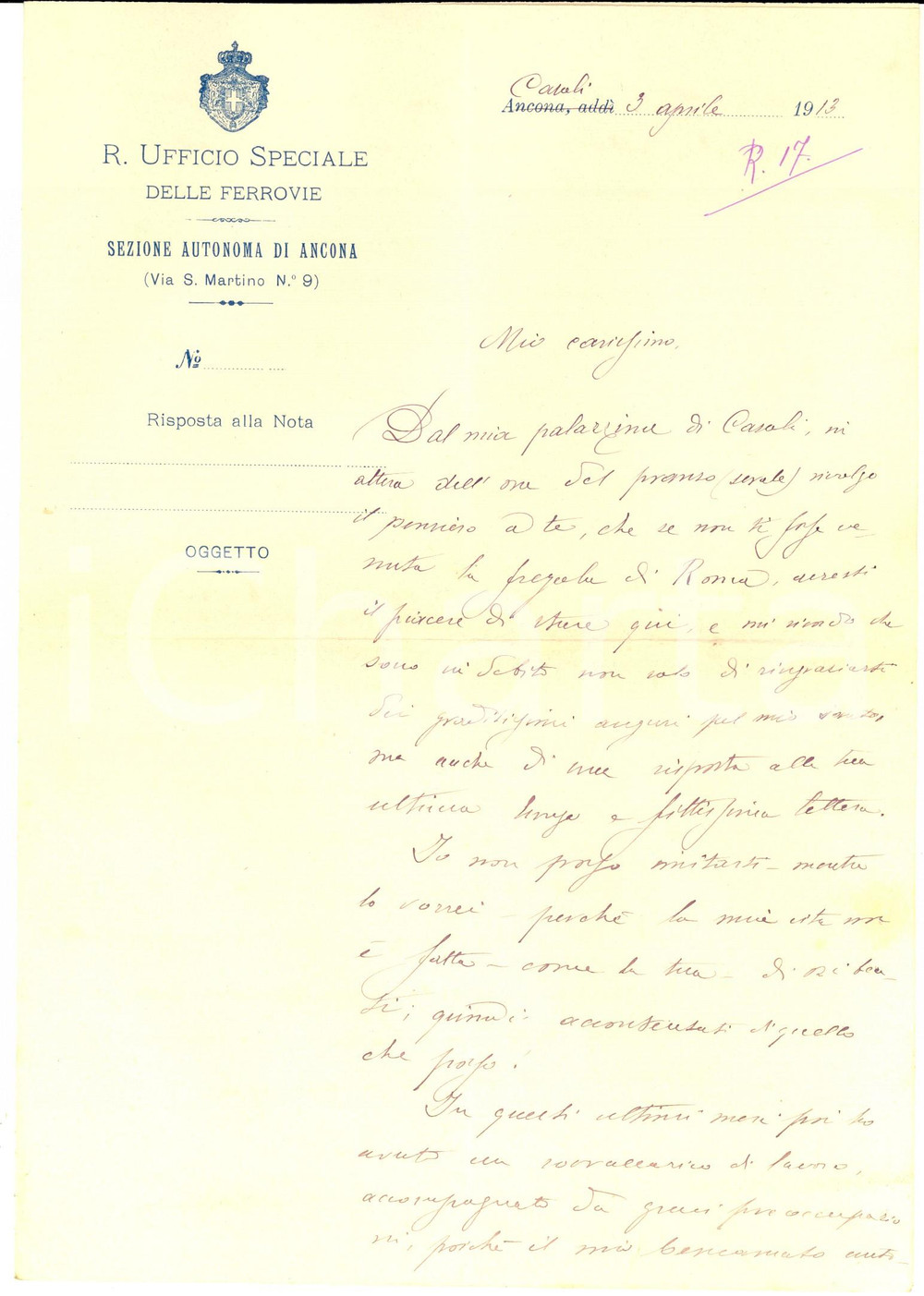 1913 ANCONA FERROVIE Lavori alla Sangritana in lentezza - Lettera G. COZZOLINO