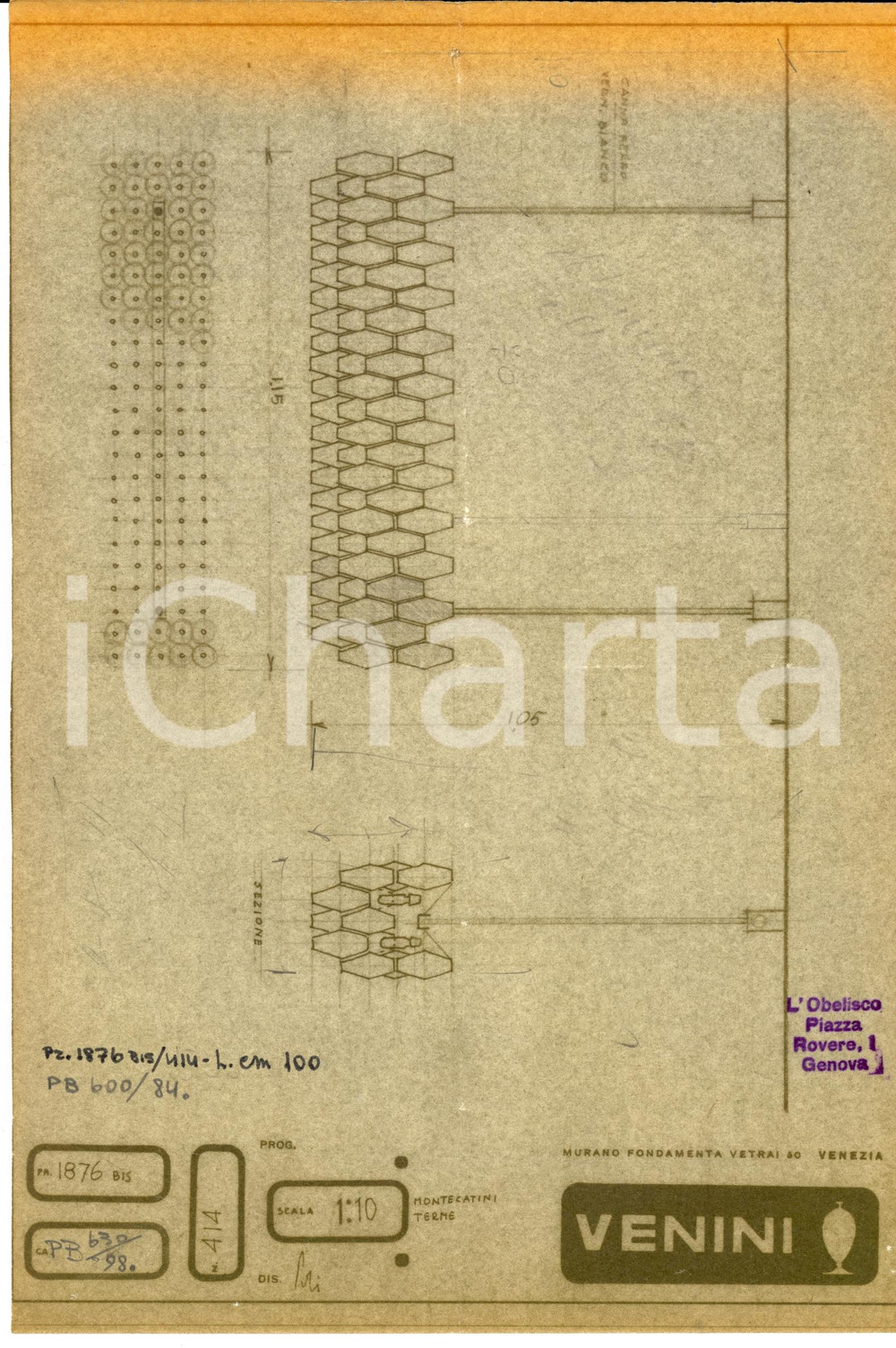 Materiale pubblicitario d’epoca 1960 ca MURANO VENEZIA VENINI Vetrai Disegno di lampada - Copia eliografica 1
