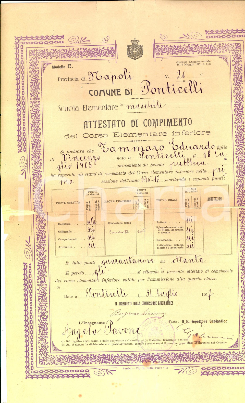 Oggetto da collezione cartaceo 1917 PONTICELLI NA Licenza elementare Eduardo TAMMARO GRAVEMENTE DANNEGGIATA 1
