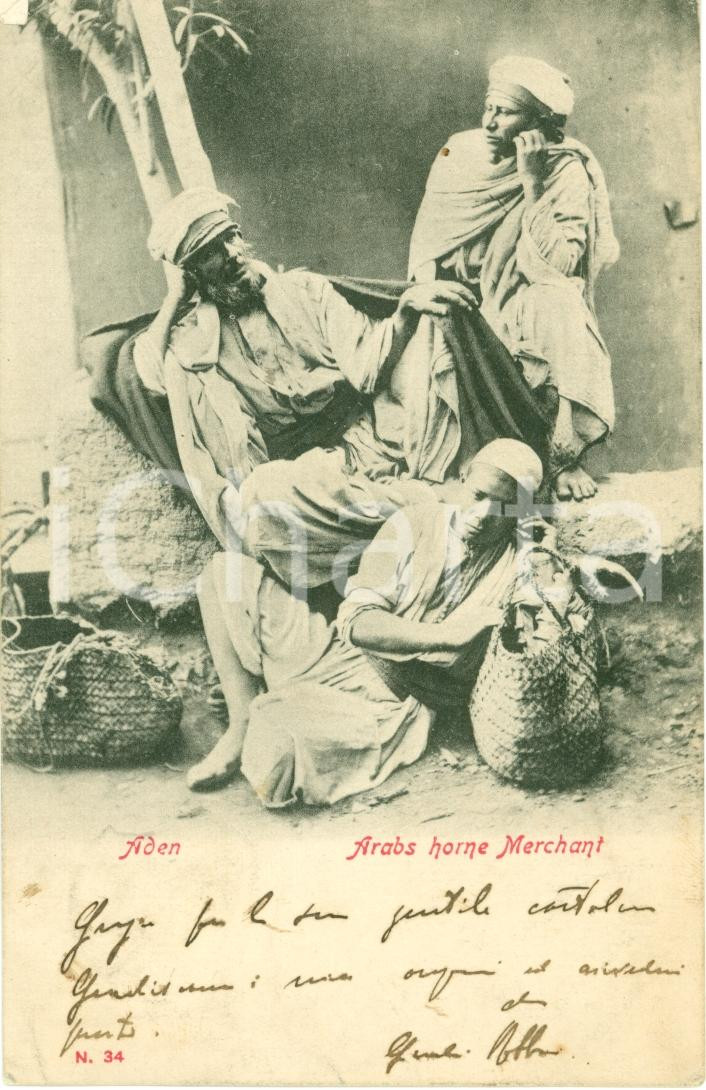 Cartolina originale da collezione 1906 ADEN YEMEN Gruppo di mercanti arabi per Ida STANGA Cartolina FP VG 1