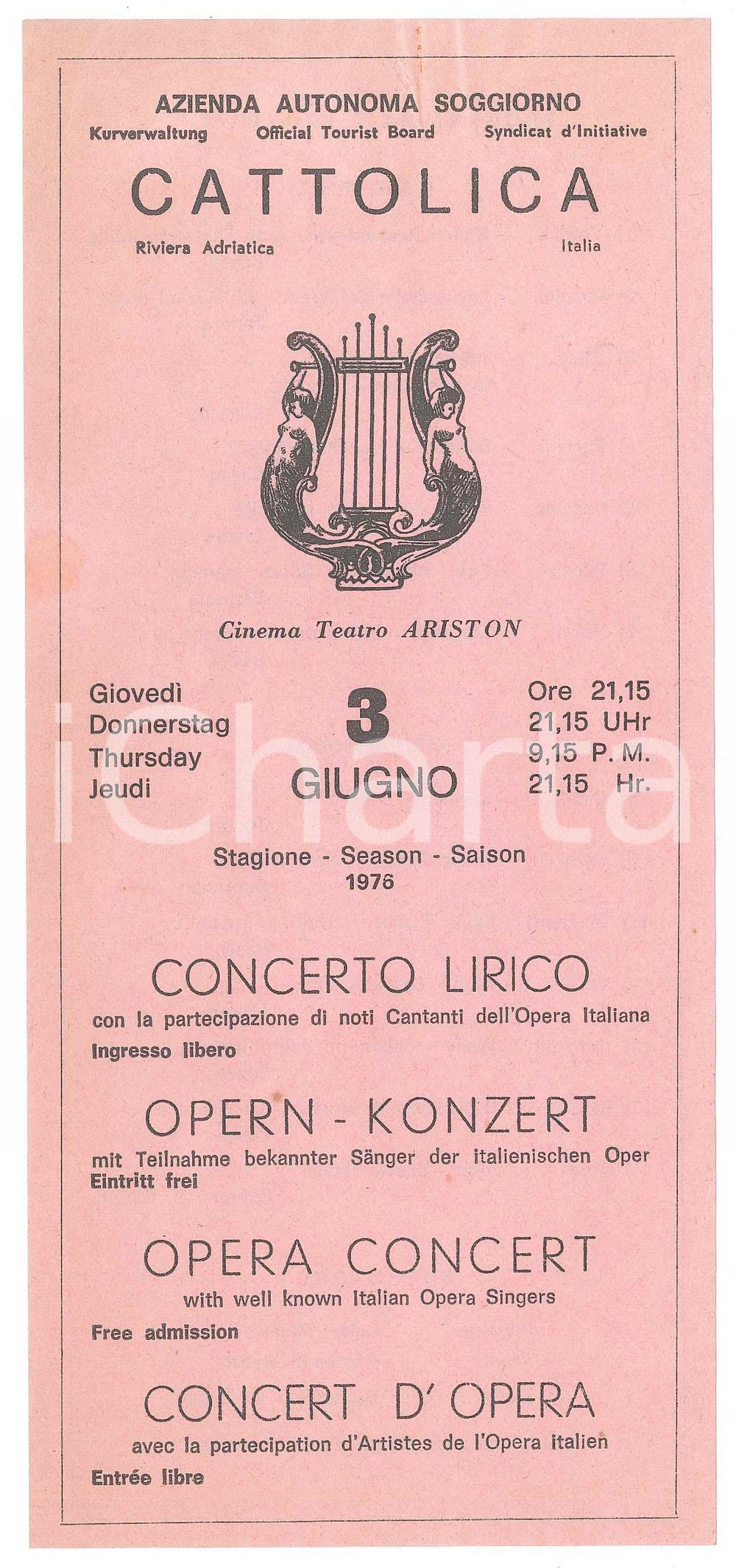 Oggetto da collezione cartaceo 1976 CATTOLICA Teatro Ariston  Concerto lirico con Luisa MACNEZ Volantino 1