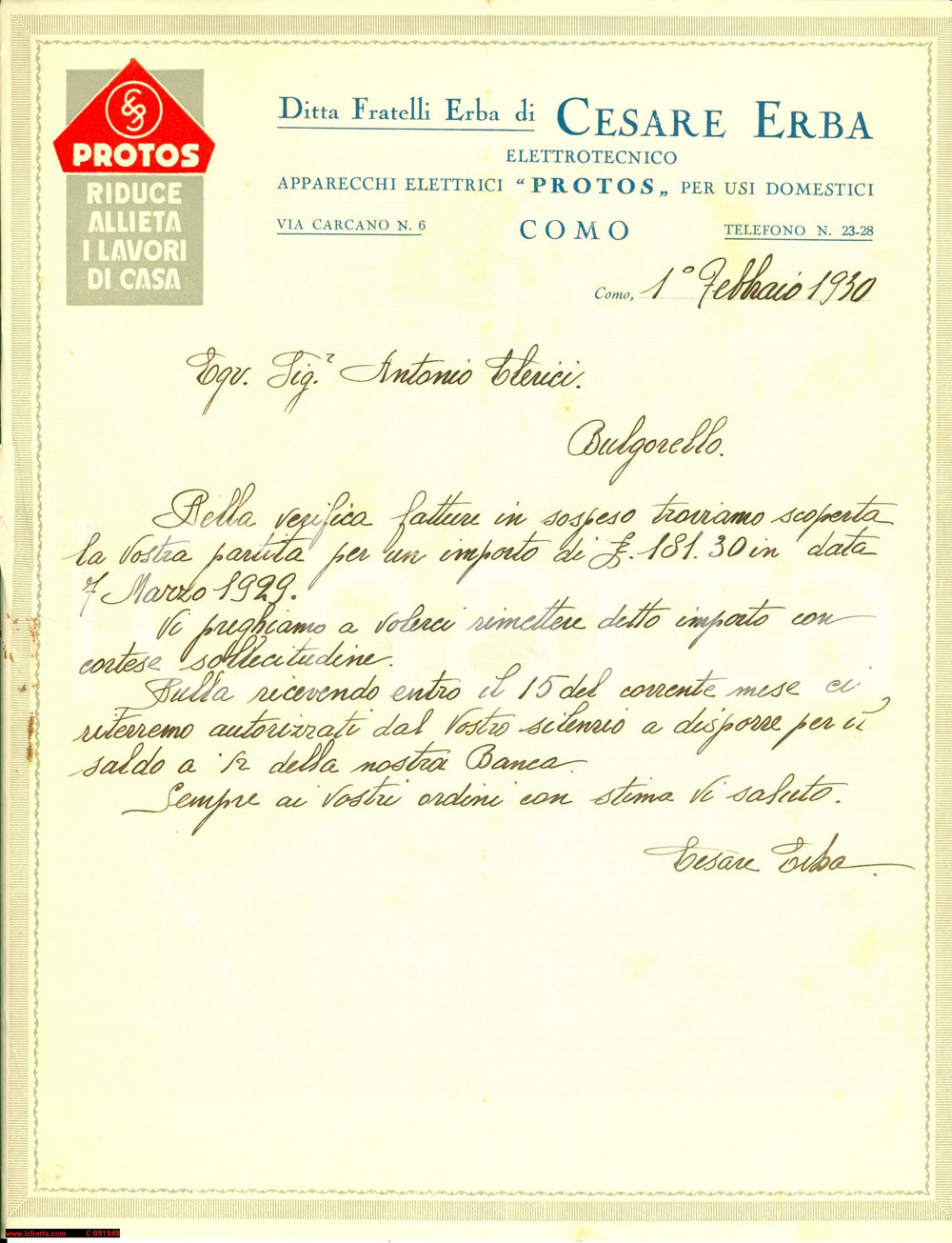 Manoscritto, lettera originale 1930 COMO Apparecchi elettrici PROTOS di Cesare ERBA 1