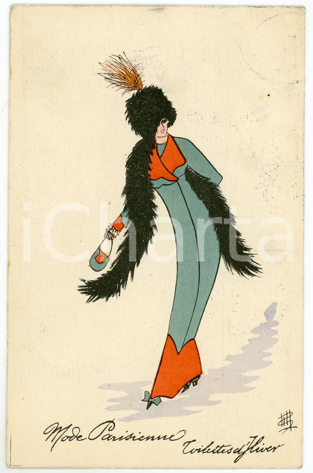 1911 ART NOUVEAU MODE PARISIENNE - Hiver (5) Illustrated postcard  Cartolina postale d'epoca, illustrata, viaggiata.CONDIZIONI: GFORMATO: FP    originale e autentica 1