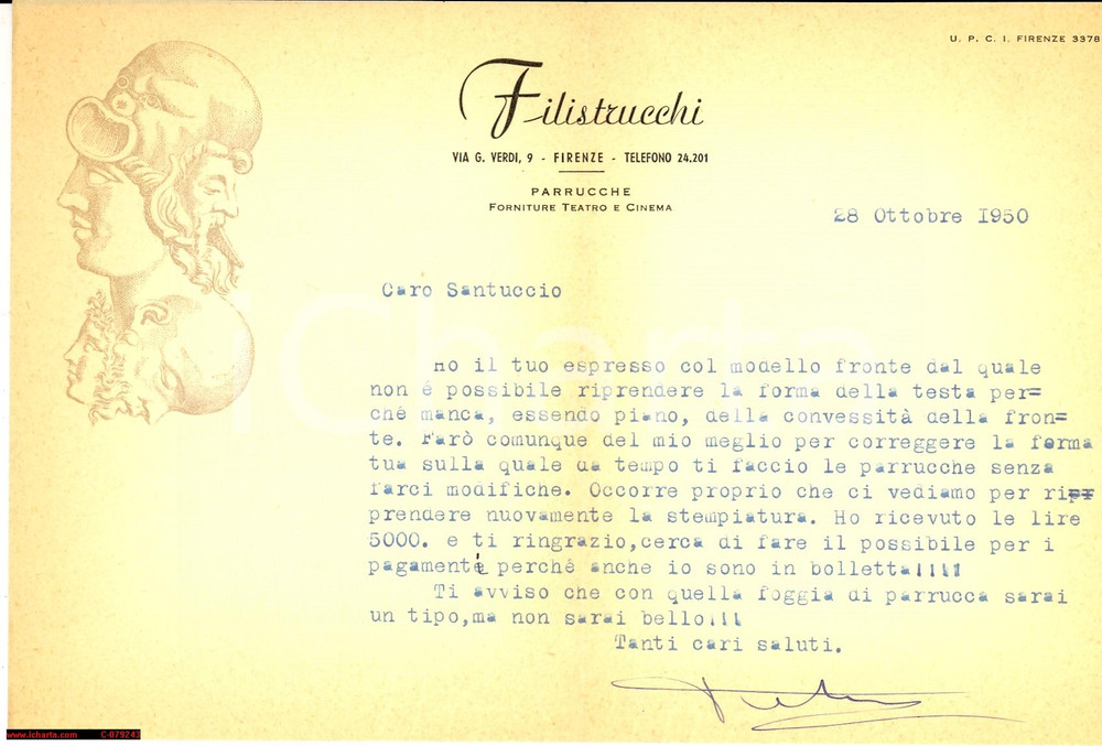 Manoscritto, lettera originale 1950 FIRENZE Parrucca FILISTRUCCHI per Gianni SANTUCCIO 1