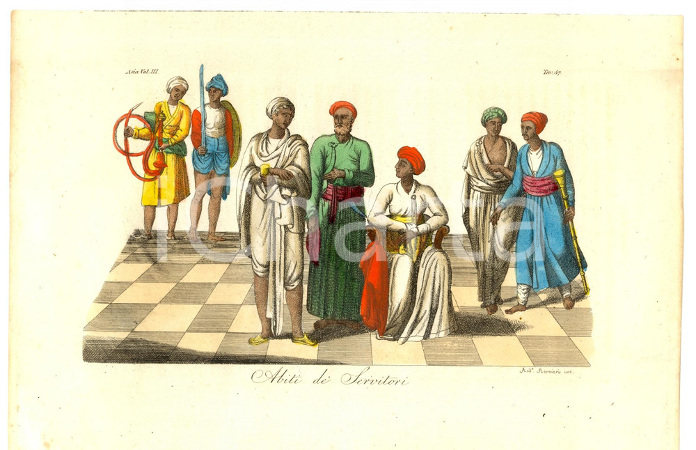 Stampa, bozzetto originale 1824 INDIA Abiti servitori Inc. BERNIERI Color. a mano 1