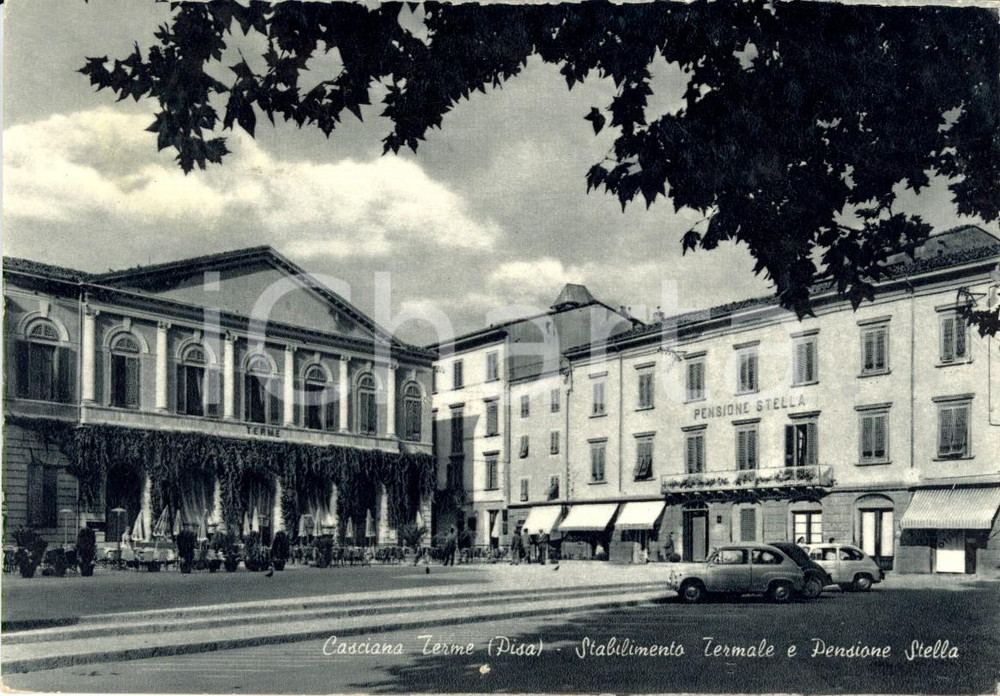 Cartolina originale da collezione 1966 CASCIANA TERME (PI) FIAT 600 davanti stabilimento termale e Pensione STELLA 1