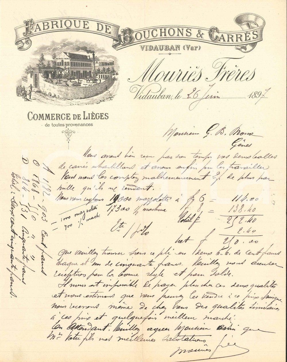 1897 VIDAUBAN (VAR) - Frères MOURIÈS - Fabrique de Bouchons & Carrés - Lettre Lettera commerciale d'epoca, manoscritta, su carta intestata illustrata.CONDIZIONI: F (piegature d'epoca e piccolo strappo al lato inferiore lungo la linea di piegatura)PAGINE: 1    originale e autentica 1