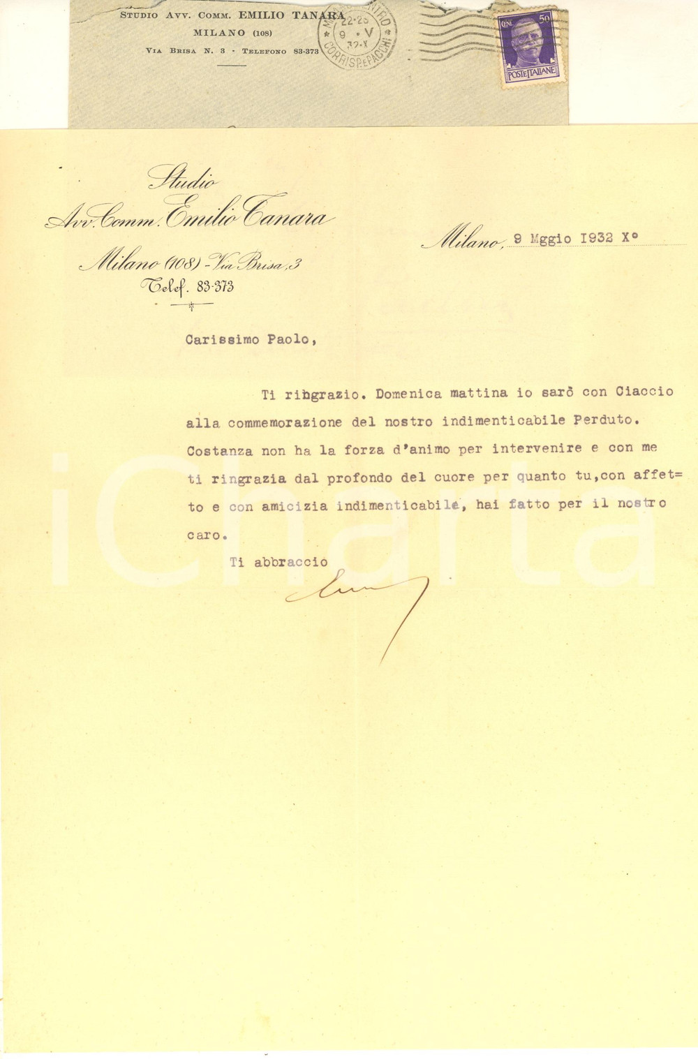 Autografo originale 1932 MILANO Avv. comm. Emilio TANARA interviene a commemorazione Autografo 1