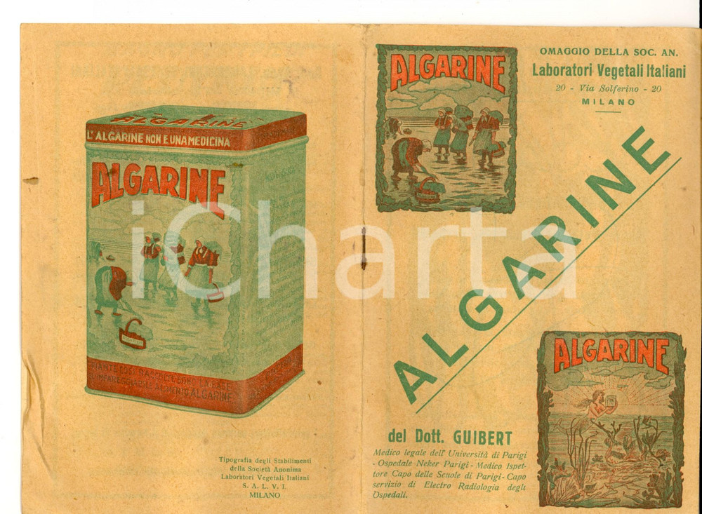 Materiale pubblicitario d’epoca 1930 ca MILANO Laboratori Vegetali Italiani - ALGARINE del dr. GUIBERT 1