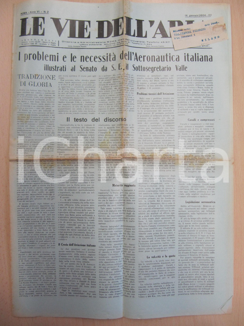 Giornale, rivista storica 1934 LE VIE DELL ARIA Gen. Giuseppe VALLE su problemi AERONAUTICA italiana 1