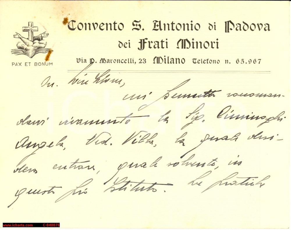 Oggetto da collezione cartaceo 1939 MILANO S. ANTONIO Padre MERAZZI aiuta una vedova 1