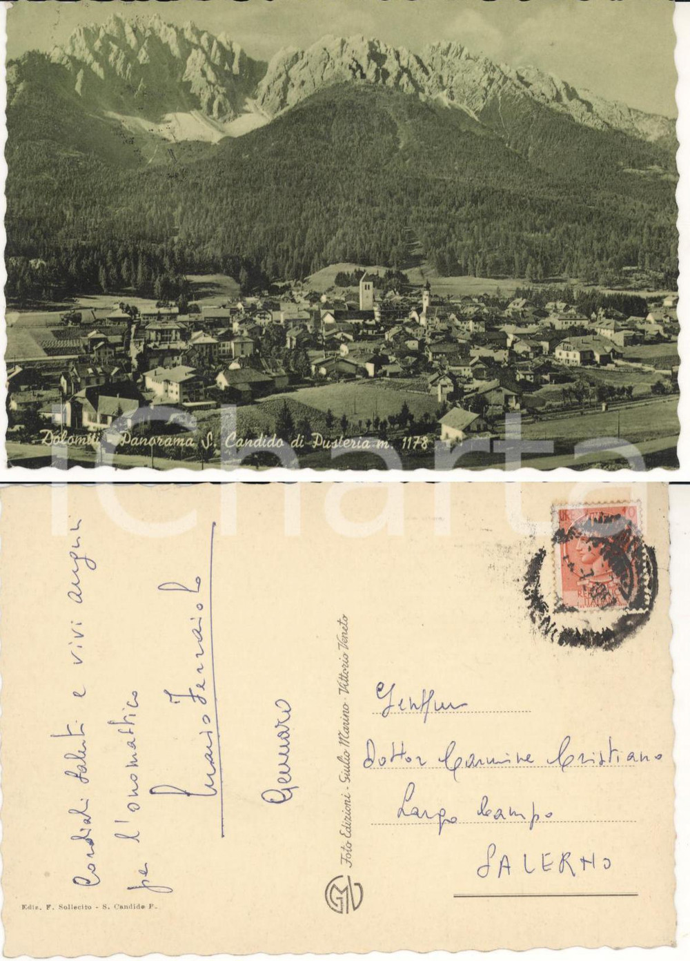 Autografo originale 1957 SAN CANDIDO BZ Veduta con le DOLOMITI Autografo Mario FERRAIOLO FG VG 1