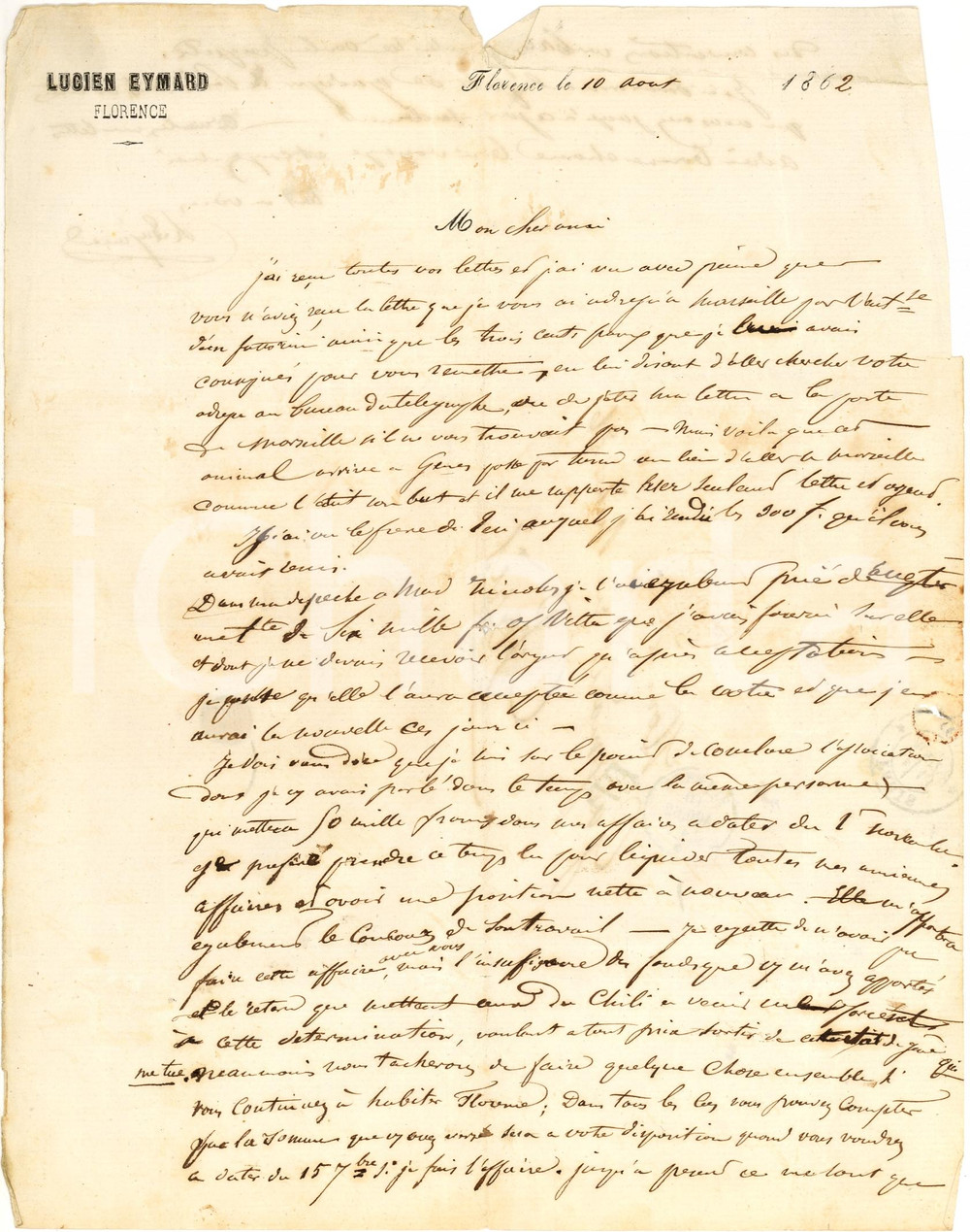 Manoscritto, lettera originale 1862 FIRENZE Lucien EYMARD invia denaro Louis GUEYMARD 1