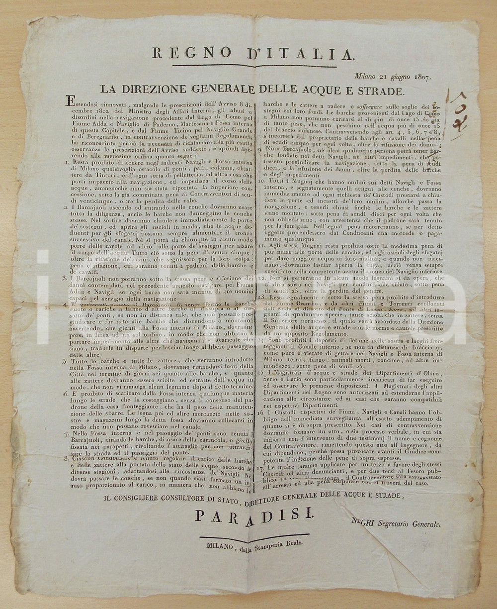 Documento originale, autentico 1807 MILANO REGNO D'ITALIA Abusi nella navigazione ADDA e NAVIGLIO *Manifesto 1