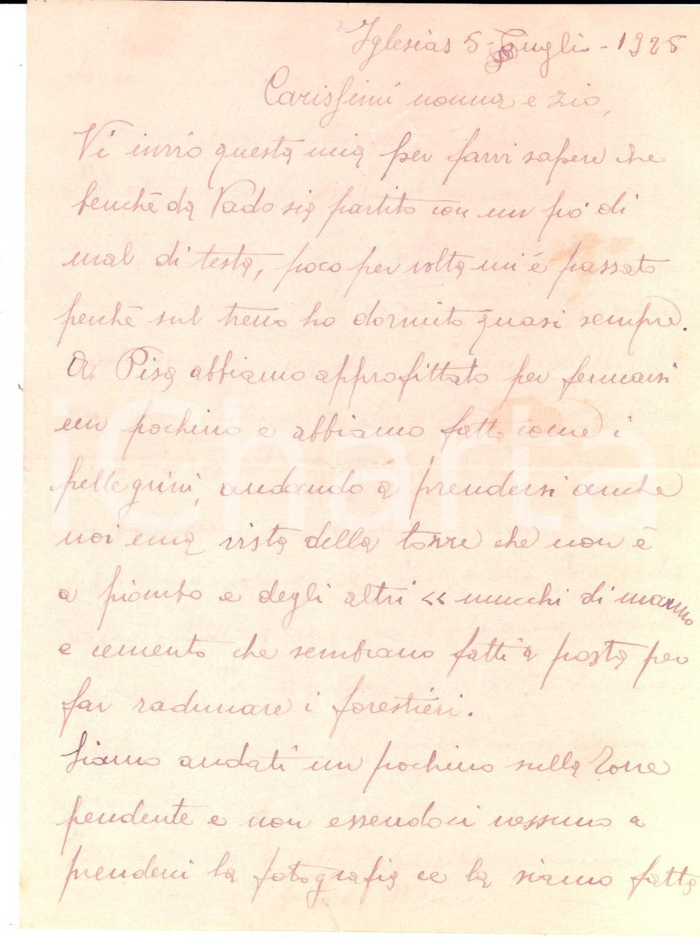 Manoscritto, lettera originale 1925 IGLESIAS CI La torre di Pisa non è a piombo Lettera di un marinaio 1