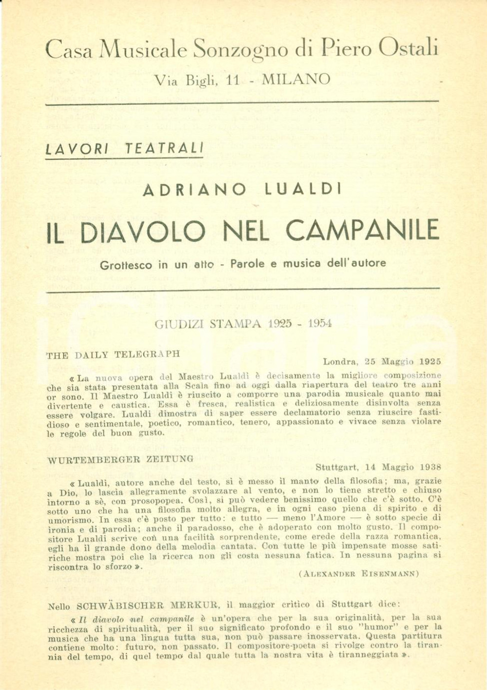Materiale pubblicitario d’epoca 1954 MILANO Adriano LUALDI Il diavolo nel campanile VOLANTINO SONZOGNO 1