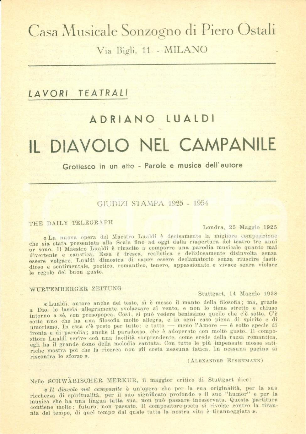 Materiale pubblicitario d’epoca 1954 MILANO Adriano LUALDI Il diavolo nel campanile VOLANTINO SONZOGNO 1