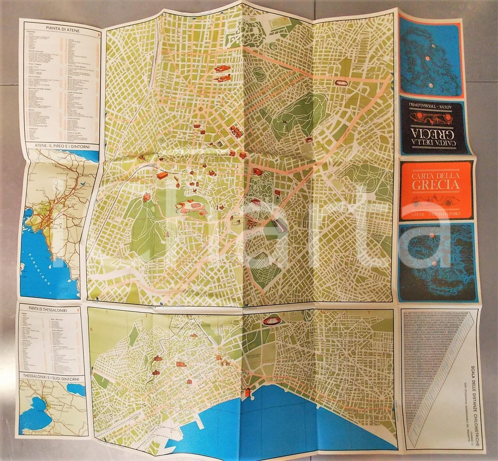 Materiale pubblicitario d’epoca 1980 ca Carta stradale GRECIA  ATENE  THESSALONIKI Vintage map pubblicitaria 1