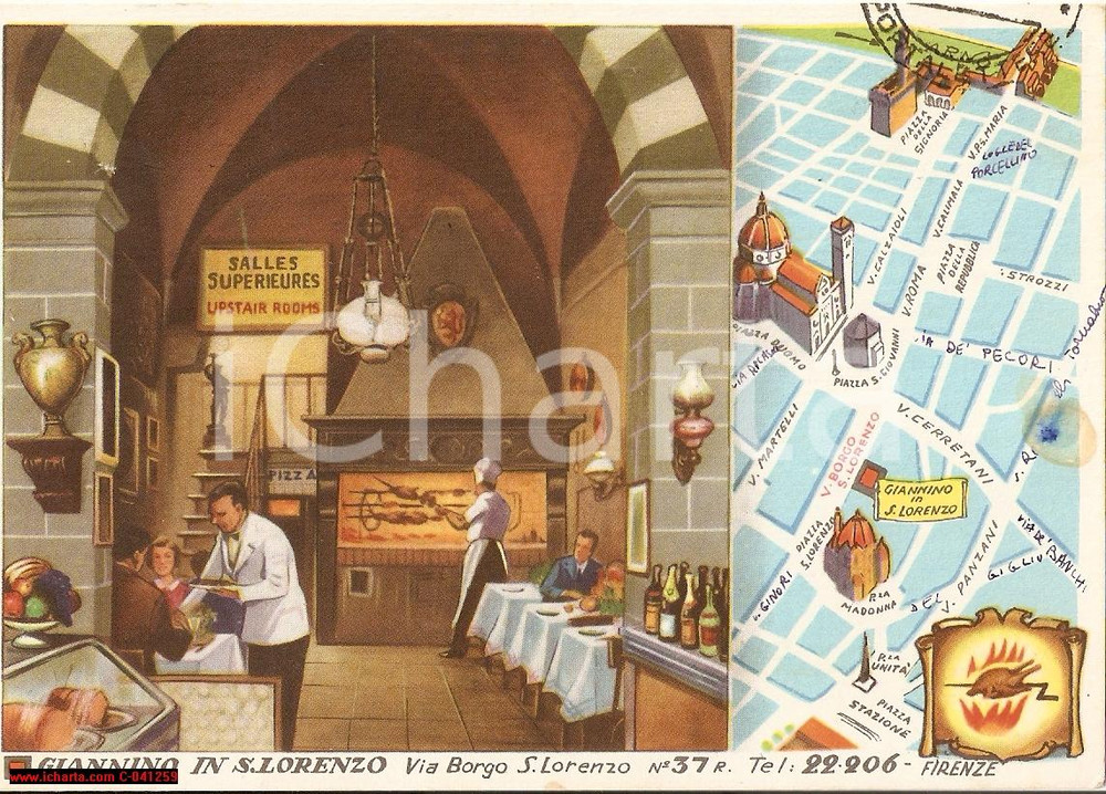 Cartolina originale da collezione 1959 FIRENZE Ristorante GIANNINO SAN LORENZO illustrata 1