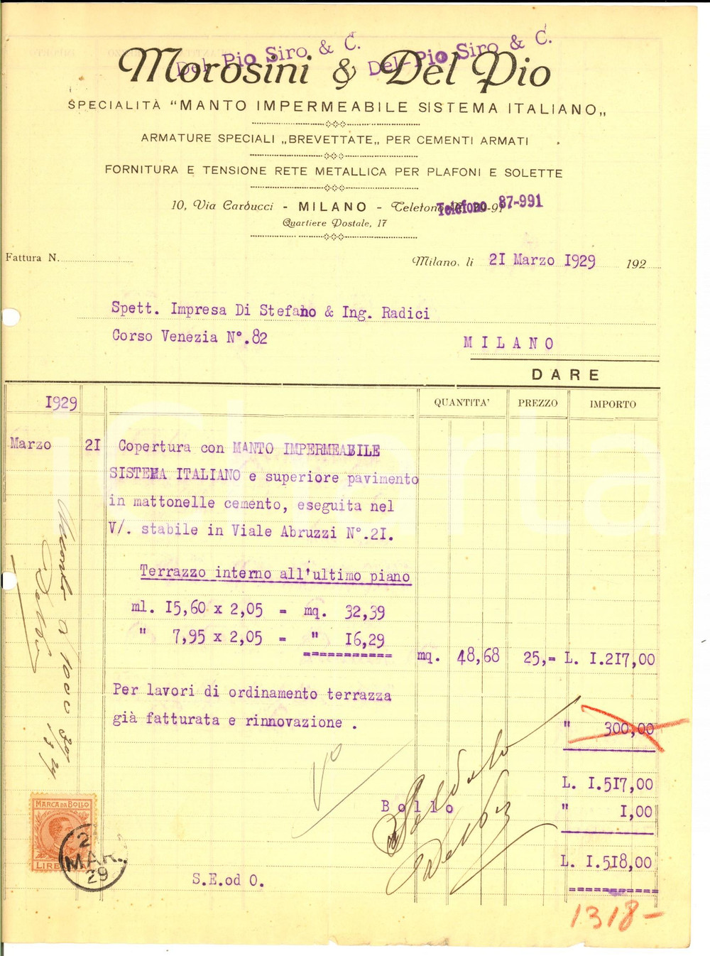 Documento originale, autentico 1929 MILANO MOROSINI & DEL PIO Manto impermeabile Sistema Italiano Fattura 1