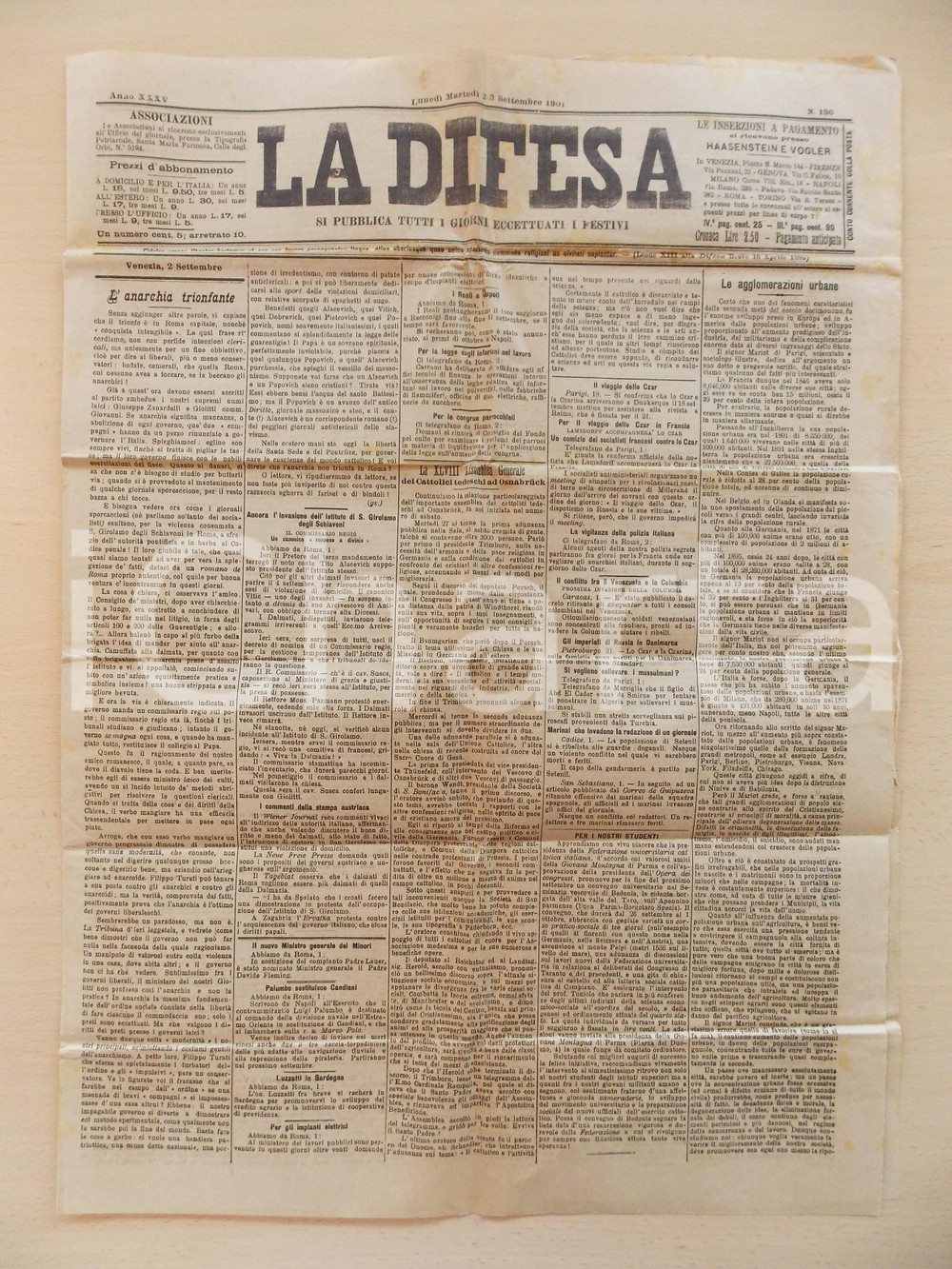 Giornale, rivista storica 1901 LA DIFESA Roma capitale Ã¨ l anarchia trionfante Giornale anno XXXV nÂ° 196 1
