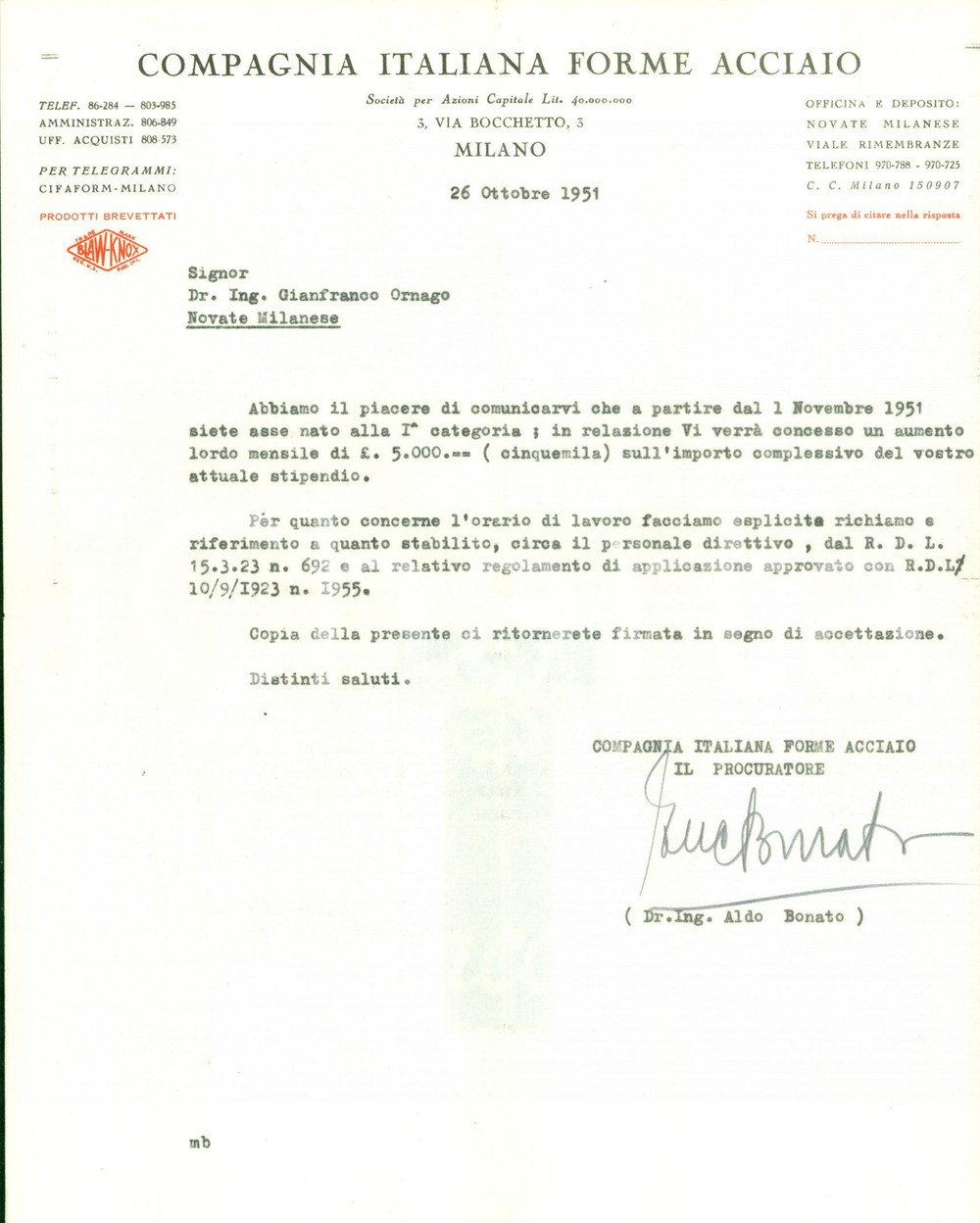 Manoscritto, lettera originale 1951 MILANO Compagnia Italiana Forme Acciaio CIFA promuove nuovo ingegnere 1