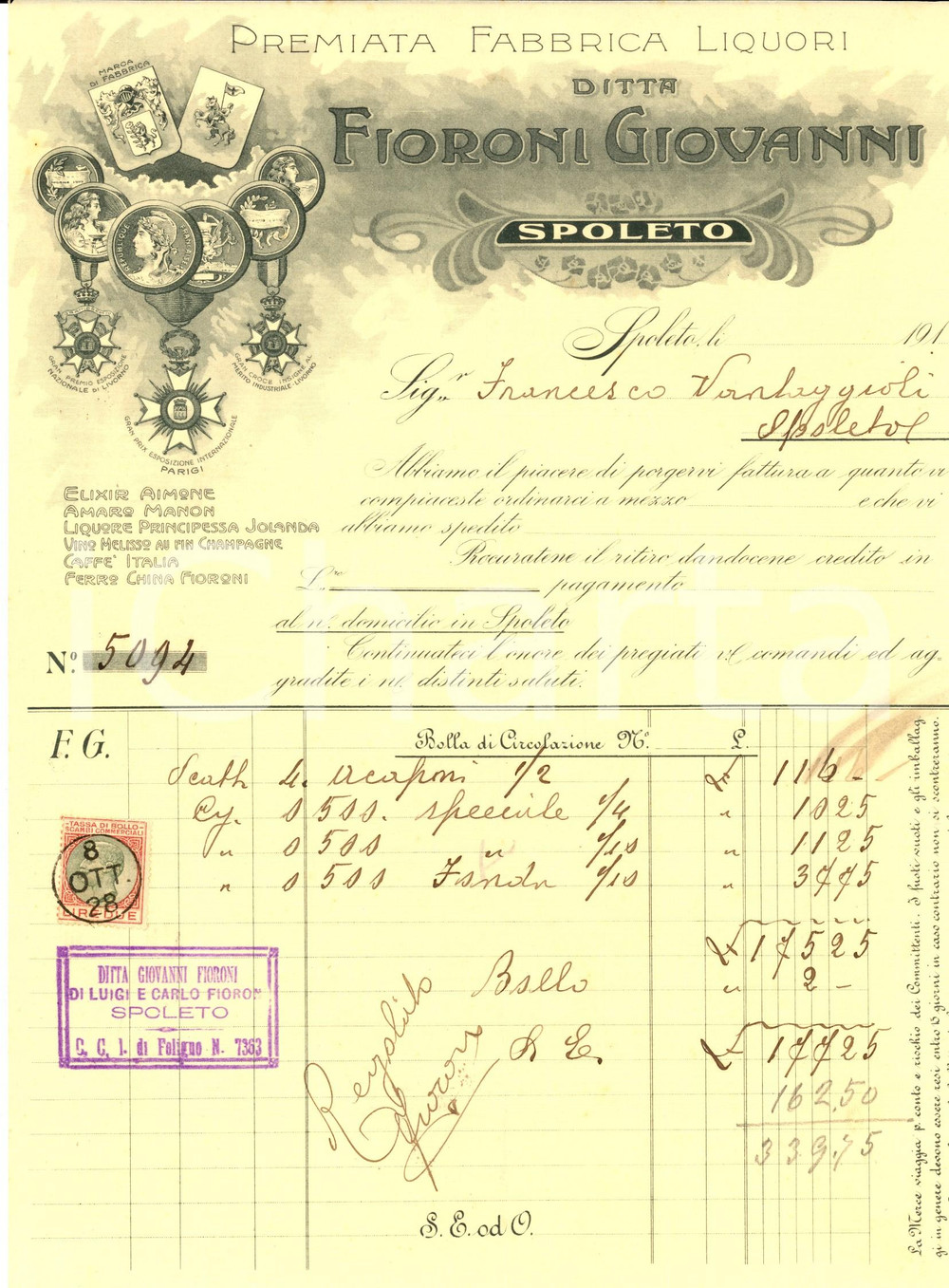 Documento originale, autentico 1928 SPOLETO PG Ditta Giovanni FIORONI Premiata fabbrica liquori Fattura 1