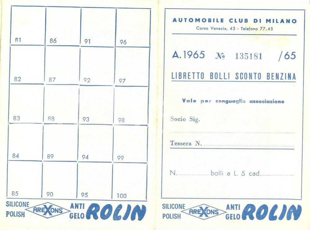 Materiale pubblicitario d’epoca 1965 MILANO AUTOMOBILE CLUB Libretto bolli sconto benzina antigelo ROLLIN 1